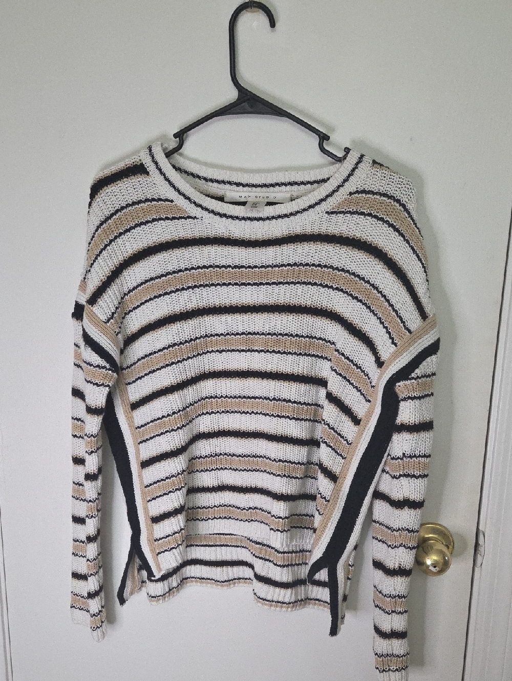 Max Studio Striped Crewneck Sweater in White, Black & Tan